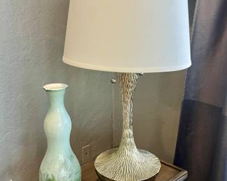 Pair of Silver Embossed Table Lamps. Also picture is ornamental coastal vase