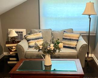 Albany Industries Love Seat, and a Glass Top Cherry "Shadow Box" Display Coffee Table, Floor Lamp and Bood End Table with Vintage Lamp