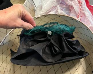 Vintage Giovannio Black Satin Hat with Green Lace Trim - Follow Facebook Page: 228EstateSellers for early access details and bonuses - Pre-sales available