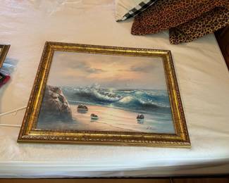 Traditional Seascape (waves crashing, rocks, birds in flight) L. Marcus - artist. Framed - ornate gold wood. Follow Facebook Page: 228EstateSellers for early access details and bonuses - Pre-sales available