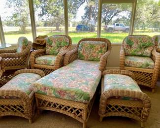 VINTAGE RATTAN PATIO FURNITURE-TABLE & CHAIRS, CHAISSE LOUNGE, CHAIRS WITH OTTOMANS
