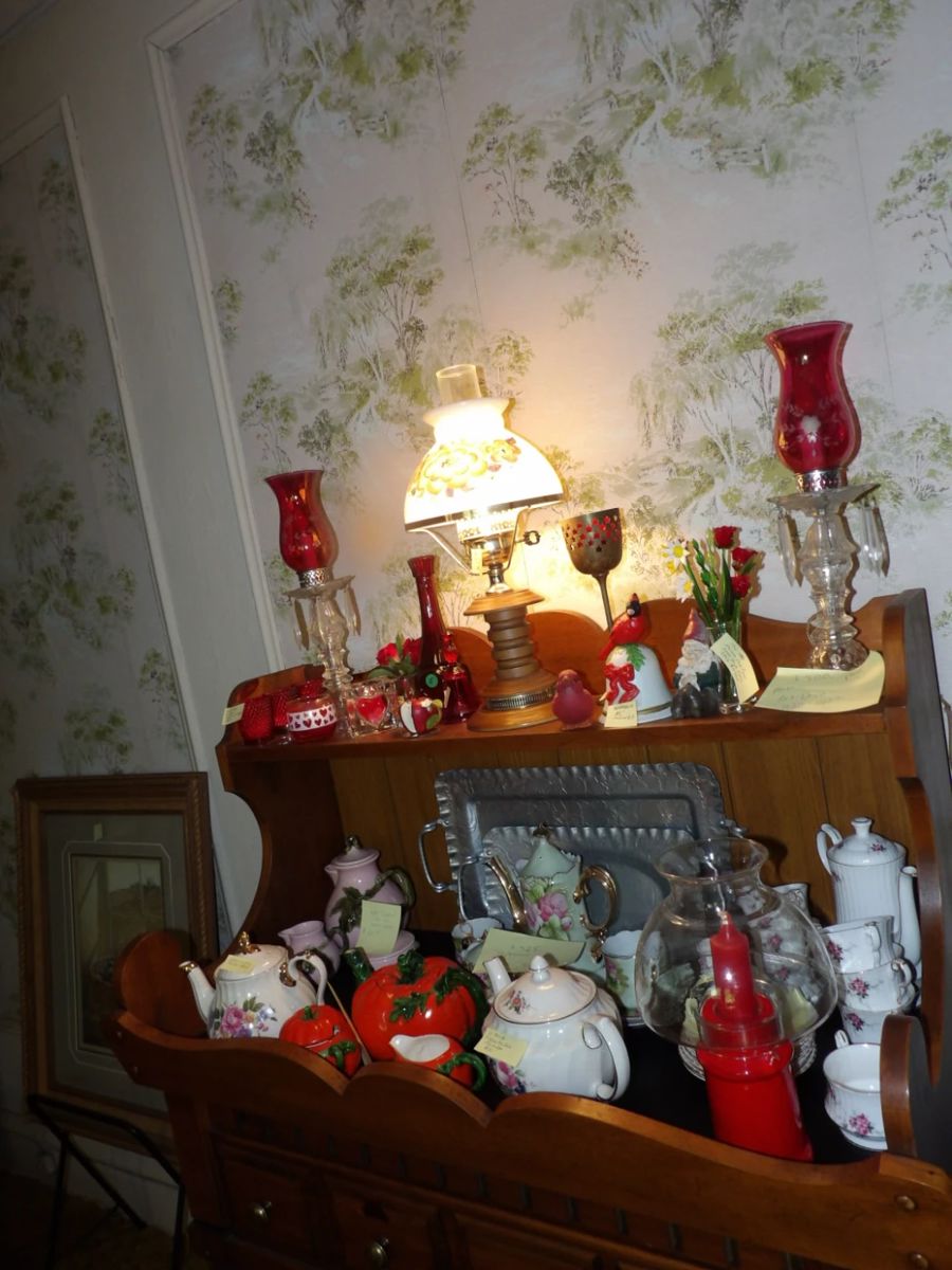 1920's glass lamp red, vintage tea pots and tea sets