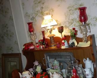 1920's glass lamp red, vintage tea pots and tea sets