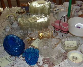 Vintage crystal trays, hob knob blue glass, gold etched shamrock tray, depression glass.