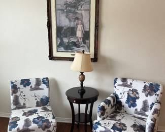 Floral arm chairs, side table, artwork