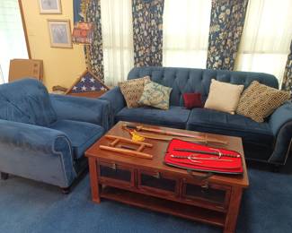 Velvet chair and couch with side table and coffee table