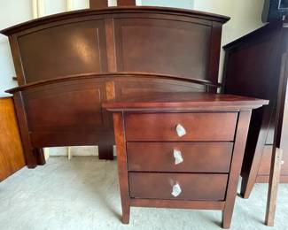 Queen bed, dresser with mirror, one nightstand.