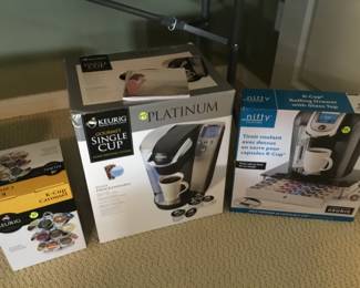 Large Keurig machine and K-cup storage items.