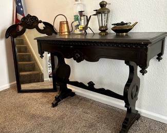 Gorgeous antique parlor table and mirror (1920s) - table top needs refinishing. Brass teapot (late 1800s),