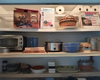 Never used Cuisinart Immersion blender, Fondue Set, crockpot, toaster oven, midcentury bowls, BBQ genius, baskes and other kitchen items