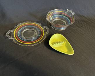 Mid Century Anholt Coors Ceramic Atomic Boomerang Ashtray; Vintage Anchor Hocking Lancaster Service Glass platter and bowl