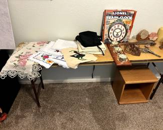 Mexican cross stitched toppers, lionel anniversary train clock, barometer