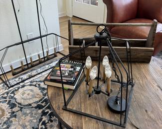 Rug, pottery barn coffee table. chandeliers