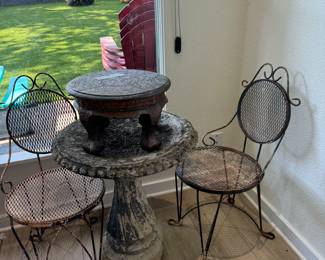 Antique garden chairs, bird bath ,foot stool