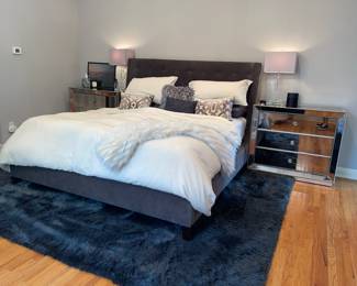 King bed frame and mattress-
85 h x 93 l x 59 h
Two mirrored nightstands-42w x 18D x 37H