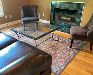 Rug 89 x 59
Leather sofa
Coffee table 39 x 39 x 17 1/2 h
2 side chairs