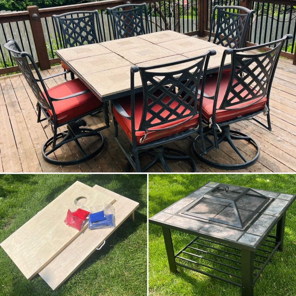 Outdoor patio table and chair set, fire pit and cornhole set with bags. 