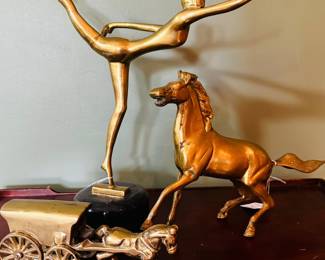 Vintage Hollywood Regency brass ballerina/dancer. Vintage MCM brass galloping horse/stallion and vintage brass horse/carriage figurine.