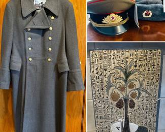 1988 East German Army greatcoat overcoat, Soviet Army officer hat and Soviet ARMY “Usganka” (Winter hat) both from the Berlin Wall during the Cold War. And authentic Egyptian tablet