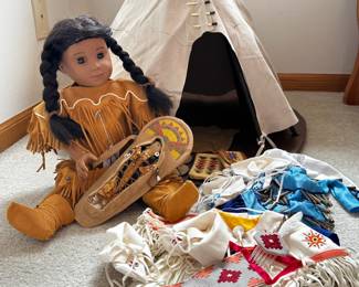 American Girl Doll Kaya’s Teepee and doll accessories including Kaya’s doll with cradle board papoose.