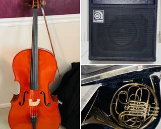 Cello - Yamaha model CV5 size 4/4 No. 00292, French Horn and Ampeg BA-108 V2 amplifier
