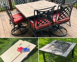 Outdoor patio table and chair set, fire pit and cornhole set with bags.