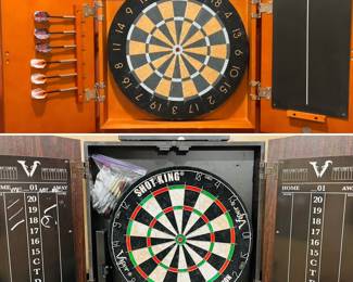 Dart board with cabinet and score board