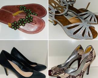Beaded women’s leather sandles, TT danceware silver heals, Kelly & Kate black close toe heals and Jessica Simpson snake skin open toe women’s heels.