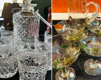 Crystal Bohemia decanter with glasses. Starbucks margarita glasses and pitcher set