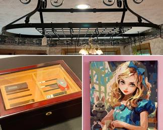 Metal pot rack, cigar humidor and original Alice art