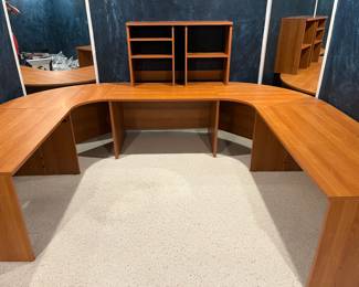 Mid-Century Modern Cherry Laminate Two-Part Corner Desk.
