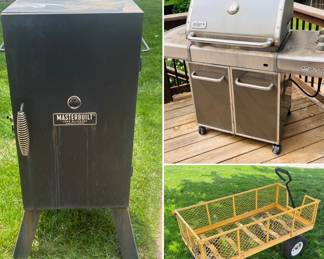 Vertical gas smoker, Weber grill and metal wagon.