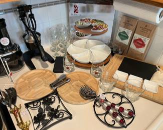 Godinger “The Leaf” collection salad server set, pampered chef beaded salad servers, and never used wildwood grilling planks
