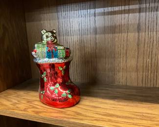 Glass Christmas Stocking Covered Candy Dish