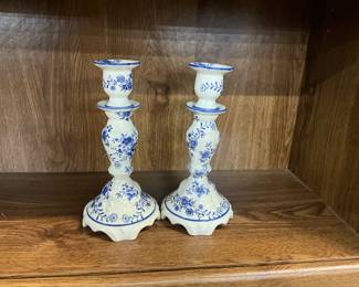 Hand Made Blue & White Delft Candlestick Holders by H..Bequet