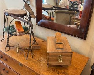 Circa 1890 shoe store stand and antique brass tachammer and punc, shoe polish kit