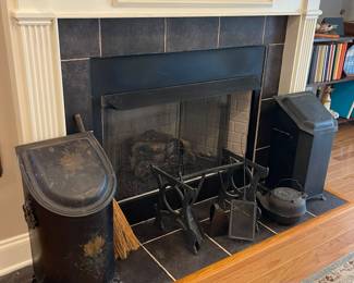Antique coal shuttels, coal shuffle, cast iron pot and pop corn basket