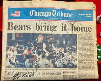 1-27-1986 Autographed "Bears bring it home" Chicago Tribune newspaper, Kevin Butler, Keith Van Horne, Jim McMahon, Steve McMichael, Michael Singletary, Dan Hampton, Otis Wilson and more