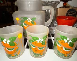 Vintage Hazel, Atlas, orange juice pitcher with small orange juice glasses