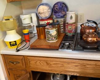 Vintage Popcorn maker. Coffee maker. Tins. Copper canisters & copper tea kettles