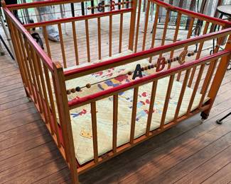 1950s Thayer Wooden Folding Playpen with Original Mattress Pad. Very Cool