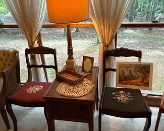 Needle point chairs Antique table. Lamp