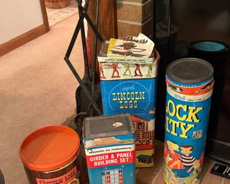 Vintage wood building building blocks such as Lincoln logs and block city and more