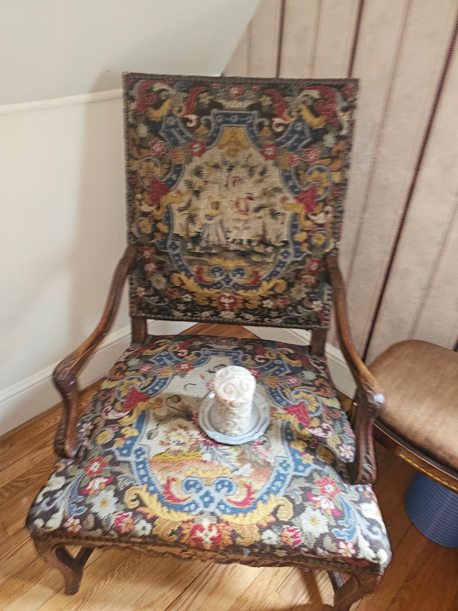 German handmade needlepoint carved arm chair mid 19th century, gorgeous piece