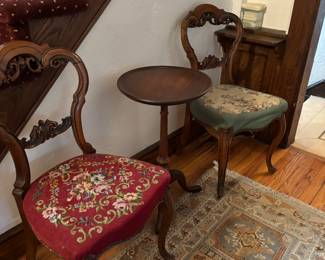 Victorian pair of needlepoint chairs and bistro table