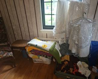 Vintage afghan blankets and lace drapes