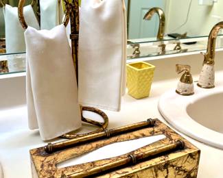 Vtg. Brushed Gold tone bamboo Kleenex holder and hand towel holder
