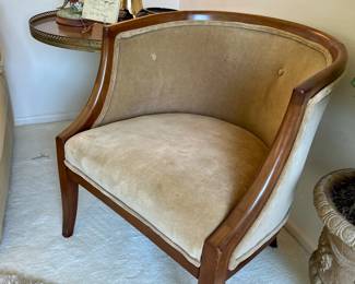 pair of matching - Vtg. Walnut framed, velvet barrel chairs