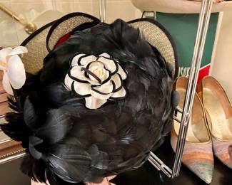 Vtg. Black feather hat & Fabric floral clip
