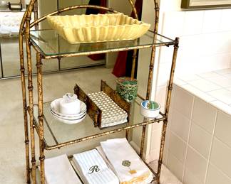 Vtg. Brushed Gold tone bamboo shelf unit w/glass